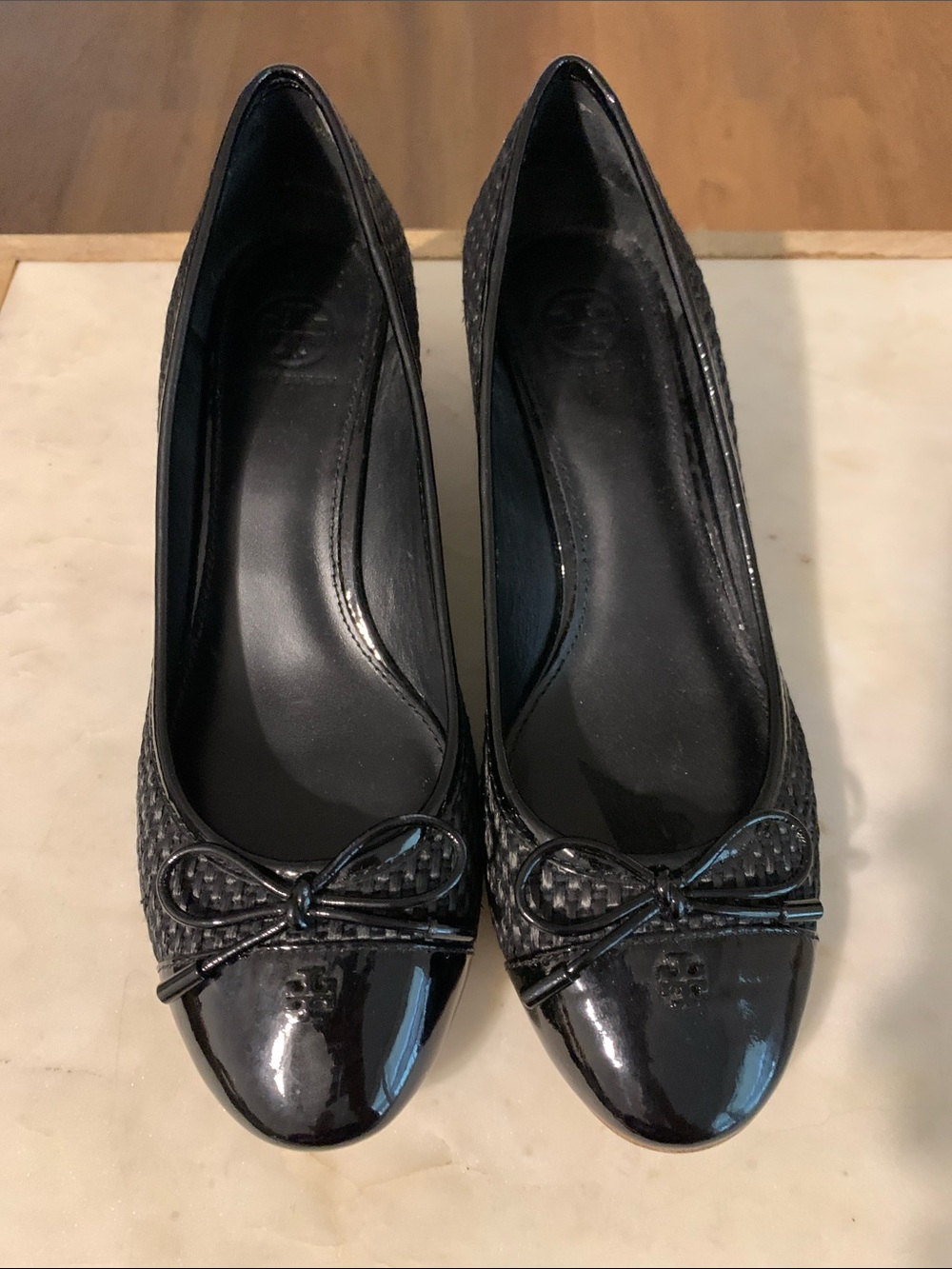 Tory Burch Black Woven Wedge Ballet Flats with Patent Toe
